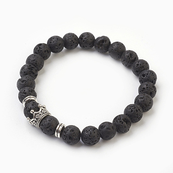 Natural Lava Rock Beads Stretch Bracelets, with Alloy Findings, Crown, Burlap Packing, Antique Silver, 2-1/8 inch(5.3cm), Bag: 12x8.5x3cm