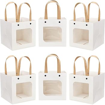 Craft Paper Handbags, with Clear Square Windows, Gift Bags, Rectangle, White, Unfold: 26x15x15cm