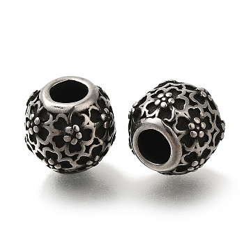 304 Stainless Steel European Beads, Large Hole Beads, Round with Flower, Antique Silver, 9.5x9mm, Hole: 4mm