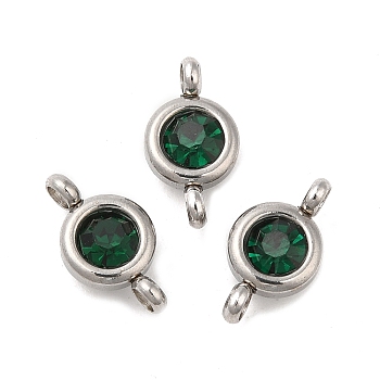 304 Stainless Steel Single Rhinestone Connector Charms, Flat Round Links, Stainless Steel Color, Emerald, 12x6.5x4mm, Hole: 2mm