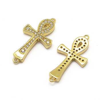 Easter Theme Brass Micro Pave Grade AAA Cubic Zirconia Links, Cadmium Free & Nickel Free & Lead Free, Ankh Cross, Real 18K Gold Plated, 24.5x13x3mm, Hole: 1mm