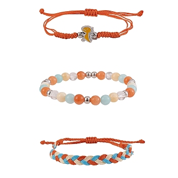 Waxed Polyester String Braided Cord Bracelets Set, Natural Mixed Stone Bracelets with Dinosaur for Women, Orange, Inner Diameter: 1-3/4~3-3/4 inch(2~9.5cm), 3pcs/set