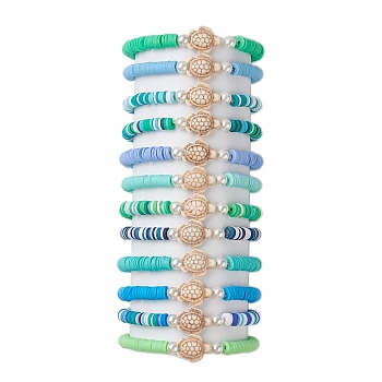 12Pcs 12 Style Synthetic Turquoise Tortoise Stretch Bracelets Set, Stackable Polymer Clay Preppy Bracelets, Mixed Color, Inner Diameter: 2-1/2 inch(6.5cm), 1Pc/color