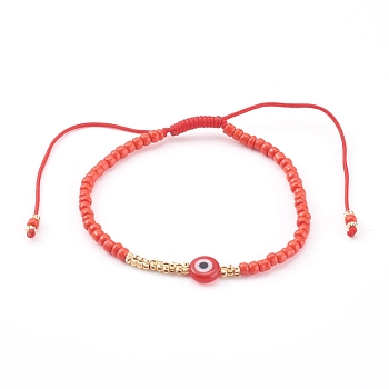 Adjustable Nylon Cord Braided Bead Bracelets, with Glass Seed Beads, Evil Eye Lampwork Beads and Brass Beads, Golden, Red, Inner Diameter: 1-7/8~3-3/8 inch(4.8~8.5cm)