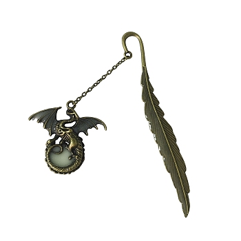 Luminous Alloy Bookmarks, Glow in the Dark Feather Bookmarks, Dragon Pendant Book Marker, with Cable Chains, Antique Bronze, 115mm