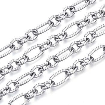 304 Stainless Steel Figaro Chains Chains, Unwelded, with Spool, Oval Link Chains, Stainless Steel Color, 14x7x2mm and 9x7x2mm, about 82.02 Feet(25m)/roll