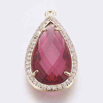 Brass Glass Pendants, with Cubic Zirconia, Faceted, teardrop, Light Gold, Deep Pink, 27.5x14x4mm, Hole: 1.2mm