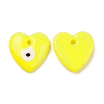 Handmade Evil Eye Lampwork Pendants, Heart, Yellow, 25x25x7.5mm, Hole: 2.8mm