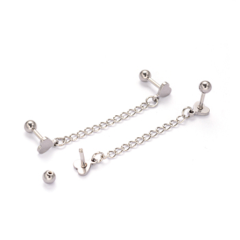 304 Stainless Steel heart Barbell Cartilage Earrings, Screw Back Earrings, Hypoallergenic Earrings, Stainless Steel Color, 42x2.2mm, Pin: 1mm
