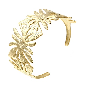 Ion Plating(IP) 304 Stainless Steel Cuff Ring for Women, Flower, Real 18K Gold Plated, 35.5mm, Adjustable