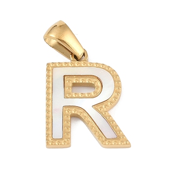 Natural White Shell Alphabet Pendants, Ion Plating(IP) Real 18K Gold Plated 304 Stainless Steel Charms, Letter R, 17x13.5x1.5mm, Hole: 5x3mm