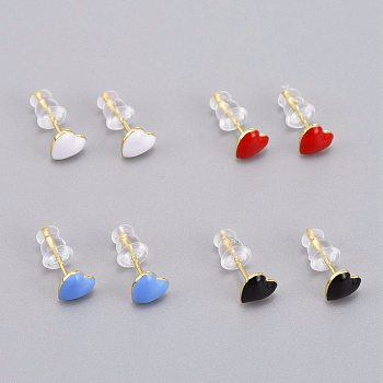 Brass Enamel Stud Earrings, with Plastic Ear Nuts, Long-Lasting Plated, Heart, Real 18K Gold Plated, Mixed Color, 6x6.5mm, Pin: 1mm