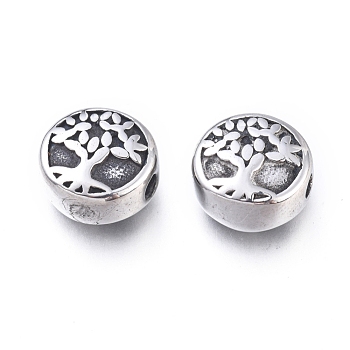 304 Stainless Steel Beads, Flat Round with Tree of Life, Antique Silver, 10x5.5mm, Hole: 1.8mm