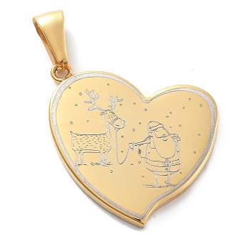 Christmas Ion Plating(IP) 304 Stainless Steel Pendants, Heart with Deer & Santa Claus Charm, Real 14K Gold Plated, 32x30x3mm, Hole: 8x3mm