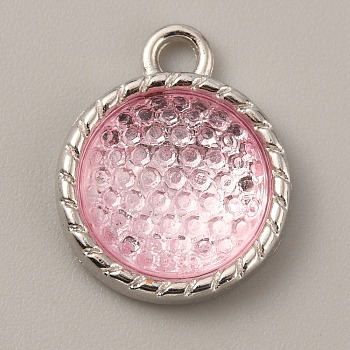 Plastic Pendants, June Birthstone Charms, with Alloy Cabochon Settings, Flat Round, Pearl Pink, 18.5x15x5mm, Hole: 2.5mm