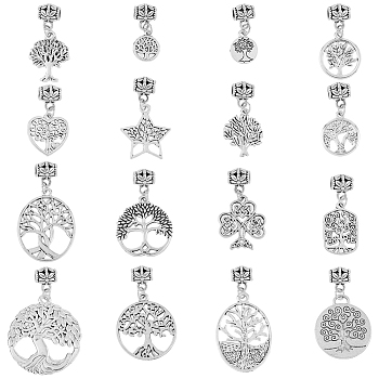 32Pcs Tibetan Style Alloy Pendants, Rectangle & Flat Round & Oval with Tree of Life, Antique Silver, 25~46mm, Hole: 1.6mm, 16 style, 2pcs/style, 32pcs/set