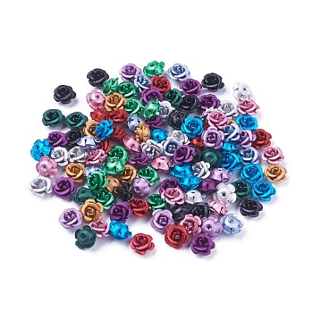 Aluminum Beads, Frosted, Long-Lasting Plated, 5-Petal Flower, Mixed Color, 6~6.5x4mm, Hole: 0.8mm