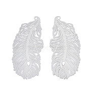 Non-Tarnish 304 Stainless Steel Filigree Big Pendants, Etched Metal Embellishments, Feather, Stainless Steel Color, 59.5x27x0.3mm, Hole: 1.6mm(STAS-S118-037)