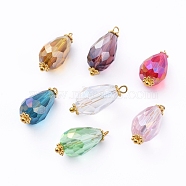 Electroplate Faceted Glass Pendants, with Alloy Flower Daisy Spacer Beads and Brass Findings, Teardrop, Golden, Mixed Color, 20~21x9.5mm, Hole: 1.5mm(X-PALLOY-JF00453-M)