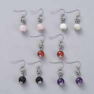 Natural Gemstone Dangle Earrings, with 304 Stainless Steel Flower Bead Caps and 316 Surgical Stainless Steel Earring Hooks, 39mm, Pin: 0.6mm(EJEW-JE03934)