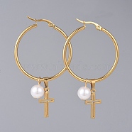 304 Stainless Steel Hoop Earrings, with 304 Stainless Steel Pendants and Plastic Imitation Pearl Beads, Cross, White, 57mm, Pin: 0.8mm(EJEW-JE03748)