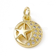 Brass Micro Pave Cubic Zirconia Charms, with Jump Rings, Flat Round with Star & Moon Pattern Charm, Real 18K Gold Plated, 12x9.5x3mm, Hole: 3mm (ZIRC-F132-61G)
