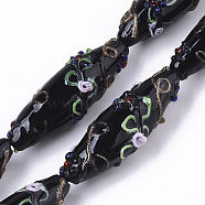 Handmade Gold Sand Lampwork Beads Strands, Bumpy, Rice with Flower Pattern, Black, 45~47.5x14.5~15.5mm, Hole: 1.5mm, about 10pcs/Strand, 17.72 inch(LAMP-T007-02H)