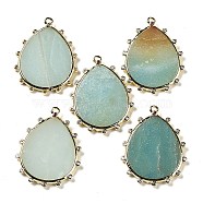 Natural Flower Amazonite Pendants, Rack Plating Golden Tone Brass Pave Clear Cubic Zirconia Teardrop Charms, 30.5x23.5x2mm, Hole: 1.4mm(G-D072-01G-08)