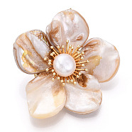 Natural Shell & Pearl Flower Brooches for Women, with Brass Branch, Real 14K Gold Plated, 43.5~47.5x43.5~50x17~20mm(JEWB-N001-02G)