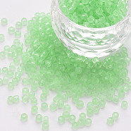 8/0 Transparent Glass Seed Beads, Round Hole, Frosted Colours, Round, Light Green, 3~4x2~3mm, Hole: 0.8mm, about 15000pcs/Pound(SEED-S048-H-006)