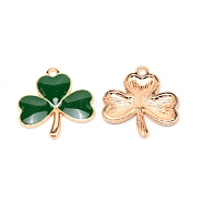 Alloy Enamel Pendants, Clover, Dark Green, Light Gold, 23x22x2mm, Hole: 1.8mm(PALLOY-SZC0004-03LG)