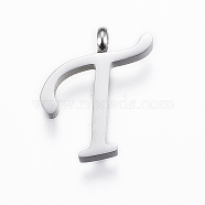 304 Stainless Steel Pendants, Initial Letter, Letter.T, Stainless Steel Color, 16x14x2mm, Hole: 2mm(STAS-F129-T-P)