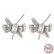 Rhodium Plated Butterfly 925 Sterling Silver with Clear Cubic Zirconia Stud Earring Findings, for Half Drilled Beads, with S925 Stamp, Real Platinum Plated, 8x9mm, Pin: 10x0.7mm and 0.7mm(STER-Q192-06P)