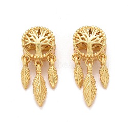 Alloy European Dangle Charms, Large Hole Pendants, Long-Lasting Plated, Cadmium Free & Lead Free, Flat Round with Tree & Feather, Golden, 25x11x6mm, Hole: 5mm(MPDL-M058-06G)