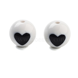 Opaque Printed Acrylic Beads, Round with Heart Pattern, Black, 16mm, Hole: 2mm, about 216pcs/500g(OACR-G038-05C)