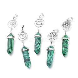 Synthetic Malachite Pointed Big Pendants, Double Terminated Pointed, with Platinum Plated Brass Findings, Faceted, Bullet, 59~67x14~15mm, Hole: 7x5mm, Gemstone: 41~44x8mm(G-D0021-01P-04)
