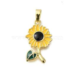 Rack Plating Brass Pendants, with Enamel, Lead Free & Cadmium Free, Long-Lasting Plated, Sunflower Charm, Real 18K Gold Plated, 22x13x2mm, Hole: 4.5x2mm(KK-M079-18B-G)