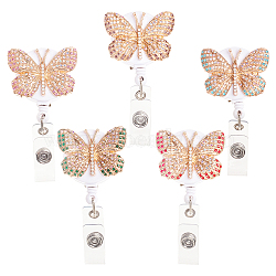 5 Pcs 5 Colors Butterfly Rhinestone Badge Reel, Retractable Badge Holder, with Iron Alligator Clip, Lightweight & Easy Retracting, Mixed Color, 7.5cm, Butterfly: 29.5x40x4.5mm, 1pc/color(AJEW-CA0001-27)