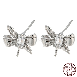 Rhodium Plated Butterfly 925 Sterling Silver with Clear Cubic Zirconia Stud Earring Findings, for Half Drilled Beads, with S925 Stamp, Real Platinum Plated, 8x9mm, Pin: 10x0.7mm and 0.7mm(STER-Q192-06P)