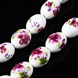 Handmade Porcelain Ceramic Beads Strands, Flower Printed, Oval, Old Rose, 17x13mm, Hole: 2.5mm, about 18pcs/strand, 12 inches(30.5cm)(PORC-S502-048F)