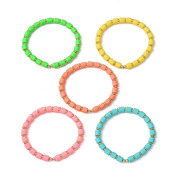 Polymer Clay Column Beaded Stretch Bracelets, Mixed Color, Inner Diameter: 2-1/8 inch(5.28cm)