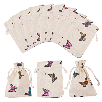 Polycotton(Polyester Cotton) Packing Pouches Drawstring Bags, with Printed Butterfly, Wheat, 14x10cm