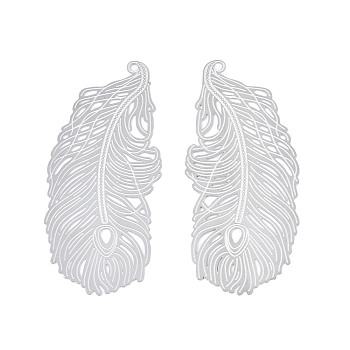 Non-Tarnish 304 Stainless Steel Filigree Big Pendants, Etched Metal Embellishments, Feather, Stainless Steel Color, 59.5x27x0.3mm, Hole: 1.6mm