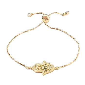 Adjustable Brass Micro Pave Clear Cubic Zirconia Bolo Bracelets, Slider Bracelets, with Box Chains, Hamsa Hand/Hand of Fatima/Hand of Miriam, Golden, Inner Diameter: 5/8~2-7/8 inch(1.6~7.2cm)