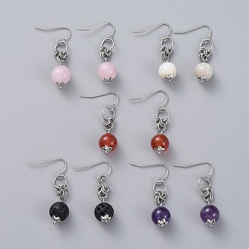 Natural Gemstone Dangle Earrings, with 304 Stainless Steel Flower Bead Caps and 316 Surgical Stainless Steel Earring Hooks, 39mm, Pin: 0.6mm