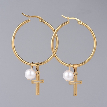 304 Stainless Steel Hoop Earrings, with 304 Stainless Steel Pendants and Plastic Imitation Pearl Beads, Cross, White, 57mm, Pin: 0.8mm