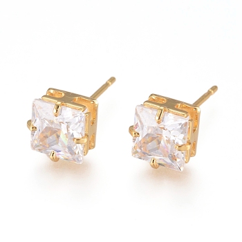 Brass Stud Earrings, with 316 Surgical Stainless Steel Pin and Clear Cubic Zirconia, Square, Long-Lasting Plated, Real 18K Gold Plated, 16x7mm, Pin: 0.7mm