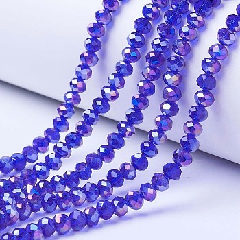 Electroplate Glass Beads Strands, AB Color Plated, Faceted, Rondelle, Blue, 8x6mm, Hole: 1mm, about 72pcs/strand, 16.14 inch(41cm)
