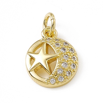 Brass Micro Pave Cubic Zirconia Charms, with Jump Rings, Flat Round with Star & Moon Pattern Charm, Real 18K Gold Plated, 12x9.5x3mm, Hole: 3mm 