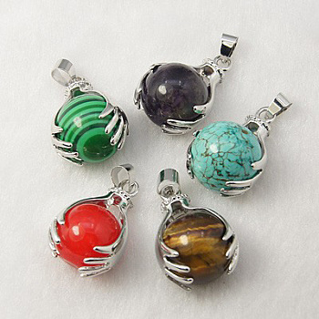 Natural & Synthetic Gemstone Pendants, with Brass Findings, Round, Platinum, 27x18mm, Hole: 4x6mm